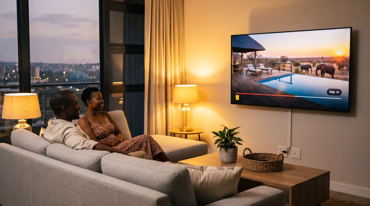 A couple relaxing on the couch in a city apartment in the evening, watching YouTube on their smart TV as a safari lodge ad plays during a travel video