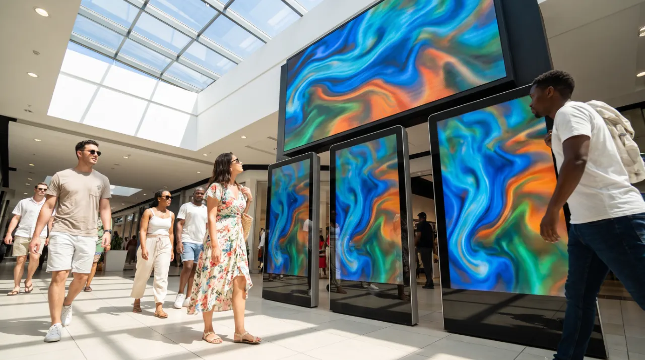 Shoppers walking past a wall of digital out-of-home screens playing a colourful video in a shopping centre