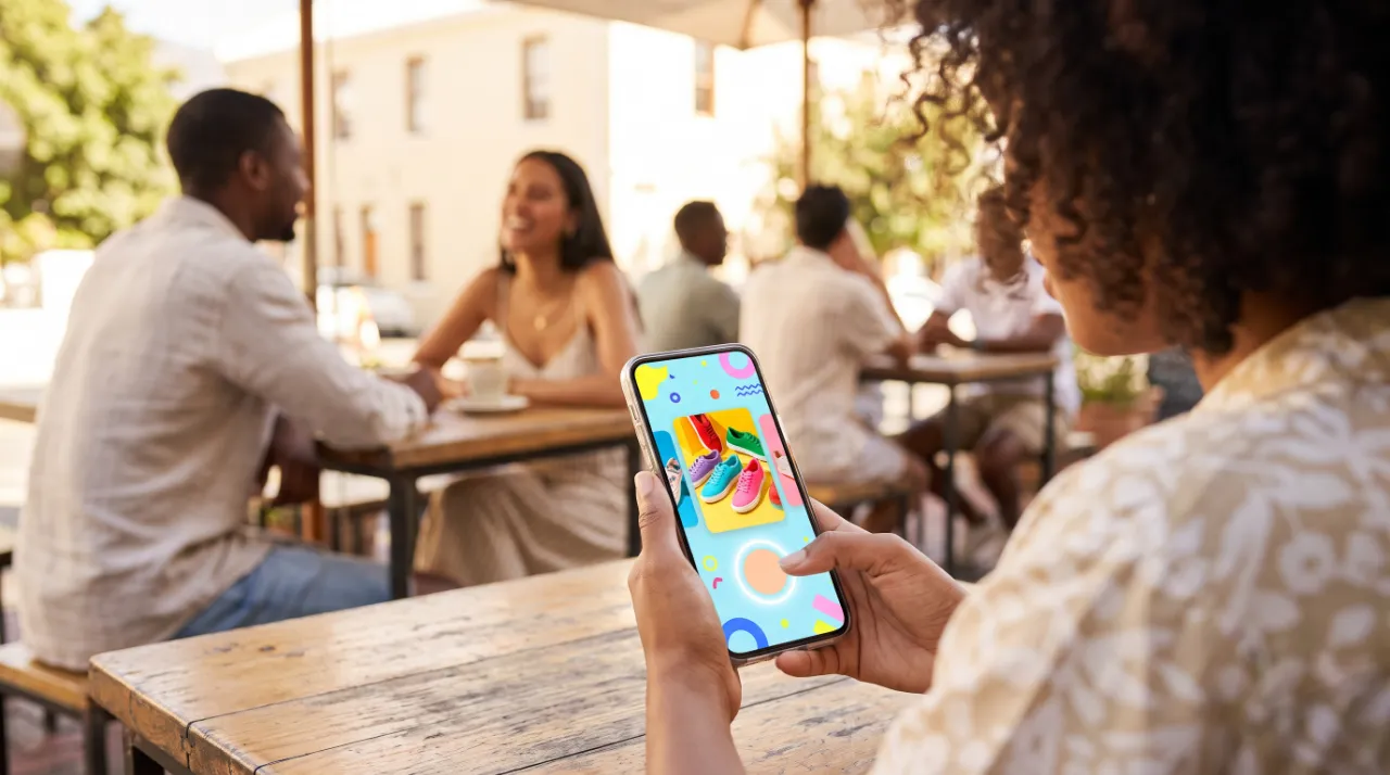 A woman at a café swiping through a colourful interactive product carousel ad on her phone