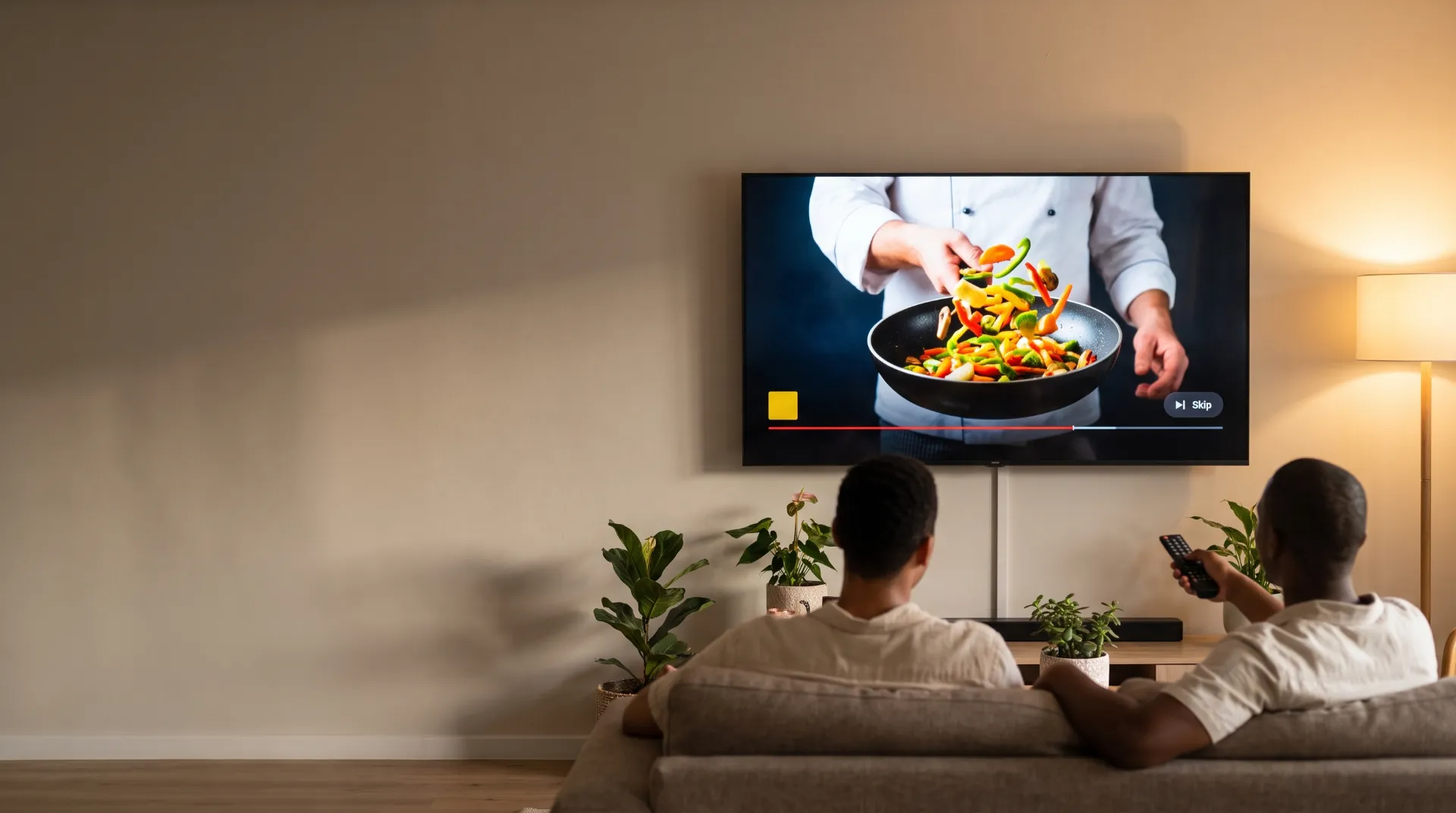 Friends on a couch watching YouTube on a smart TV during an ad break