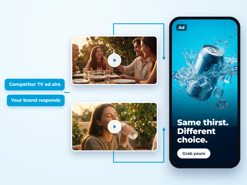 When a competitor’s drinks ad airs on TV, your brand responds on viewers’ phones with a Same thirst. Different choice. ad