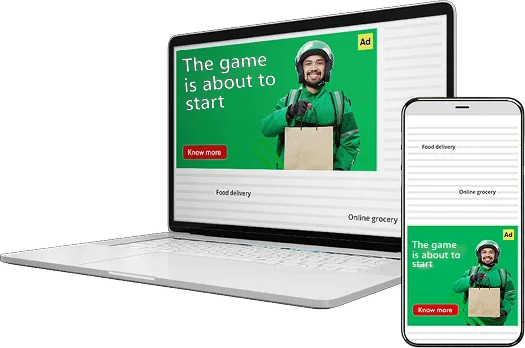 A food delivery ad reading The game is about to start, placed on web pages on a laptop and phone