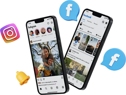Instagram and Facebook feeds on two phones