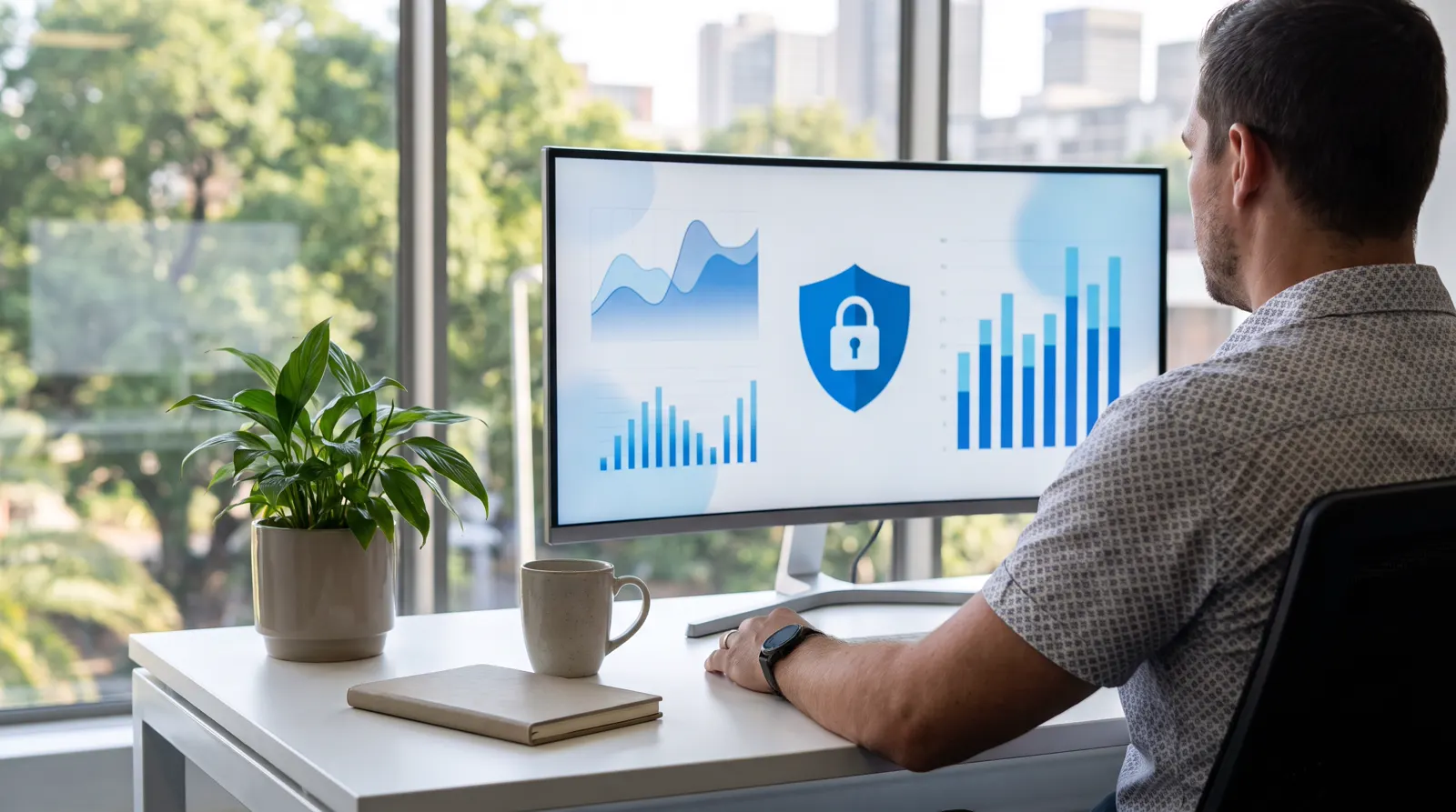 A man at his desk looking at a screen of data charts with a padlock shield in the centre