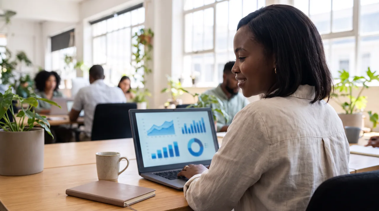 A marketing manager in a bright office checking a campaign dashboard with charts on her laptop