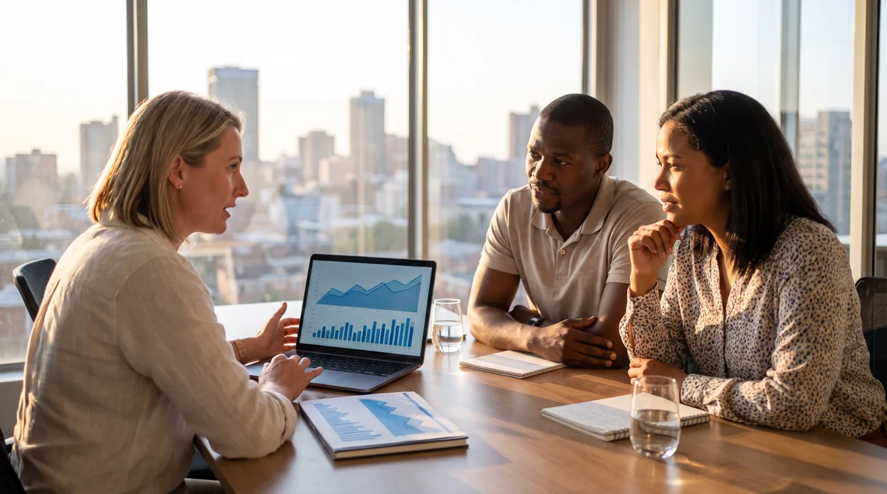 A Mobiclicks team member walking two clients through campaign results on a laptop in a boardroom