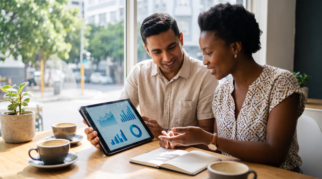 Two colleagues at a sunny café table reviewing campaign charts together on a tablet