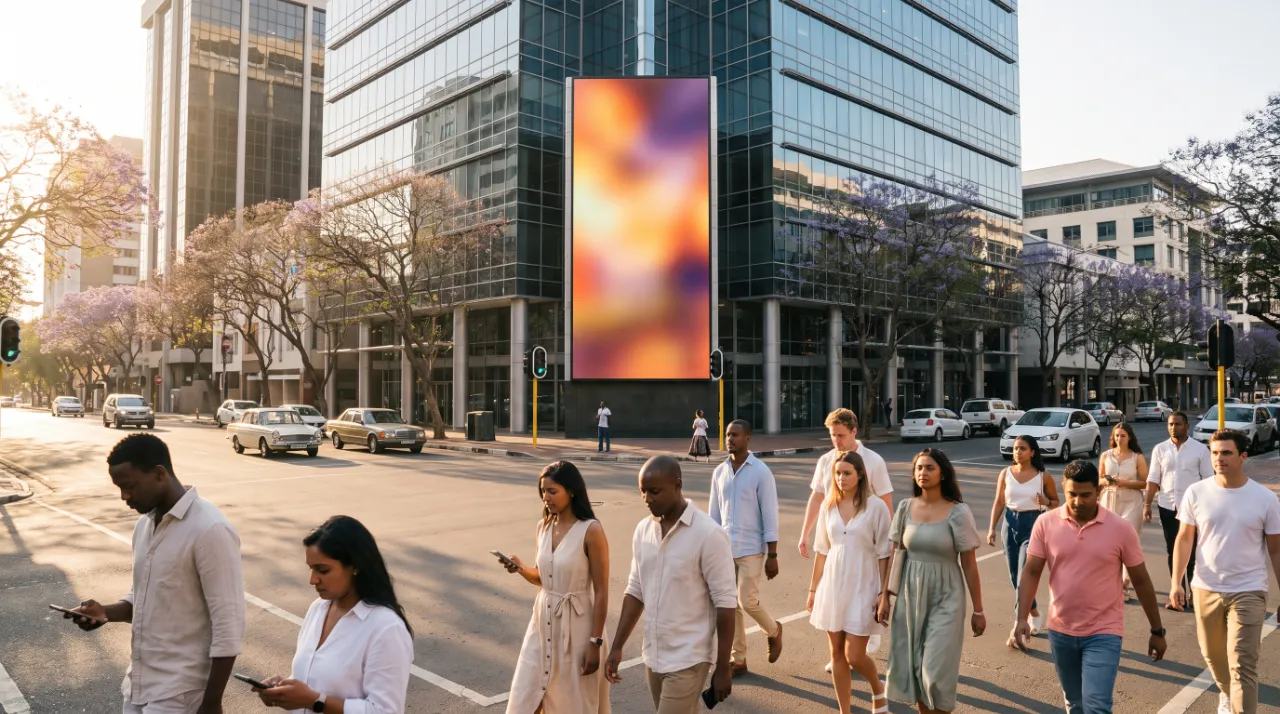 People crossing a busy city street at golden hour beside a large digital billboard, several checking their phones