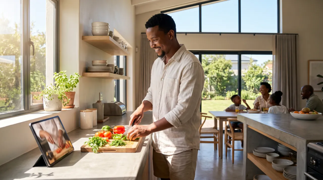 A man chopping vegetables while following a cooking video on a tablet