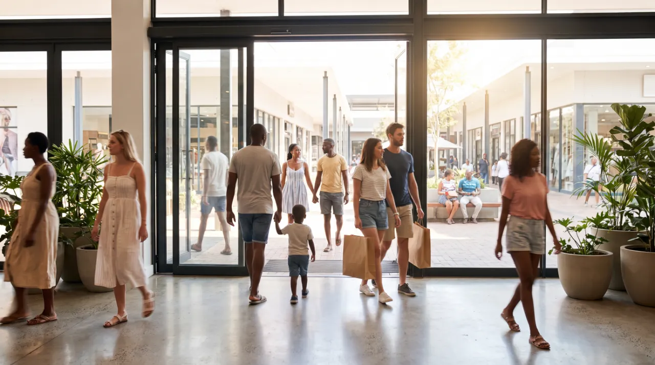 Shoppers in summer clothes walking into a bright store in a shopping centre